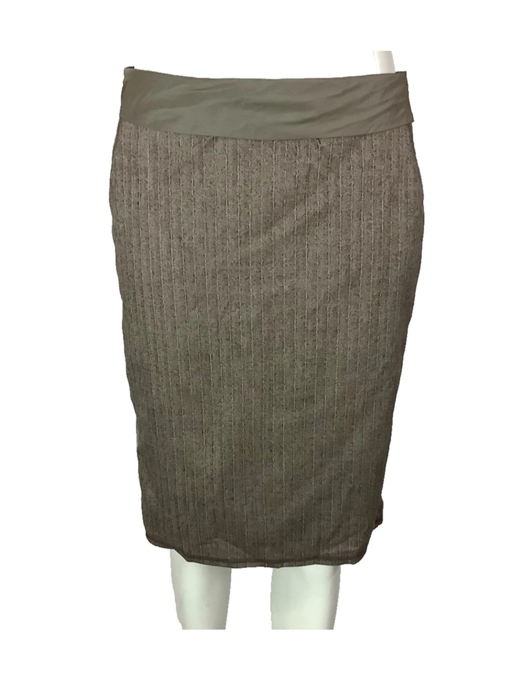 RIANI Sz 10 Virgin Wool Pinstriped Pleated Back A-Line Brown Business Skirt